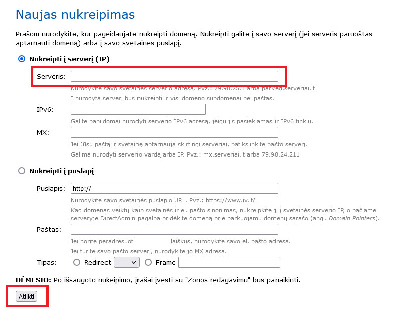 domeno nukreipimas į internetinės parduotuvės serverį