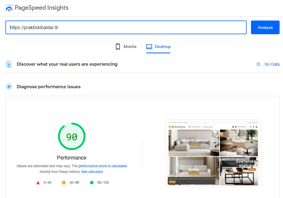 internetinės parduotuvės greitaveikos testas su gogole speed insights